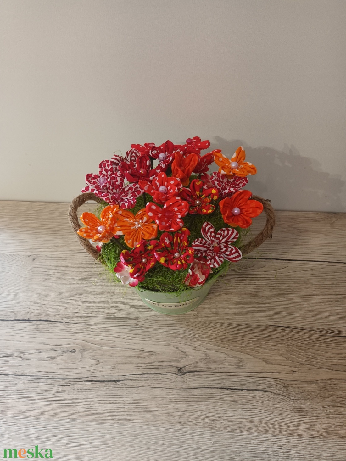 Textil virágok vödörben - otthon & életmód - dekoráció - asztal és polc dekoráció - dekorációs tál, tartó - Meska.hu