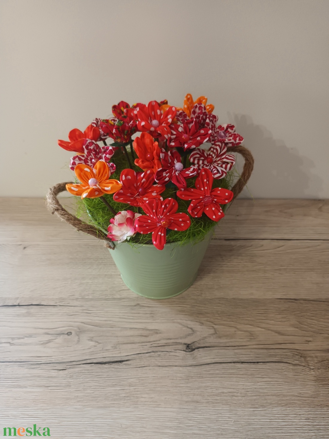 Textil virágok vödörben - otthon & életmód - dekoráció - asztal és polc dekoráció - dekorációs tál, tartó - Meska.hu