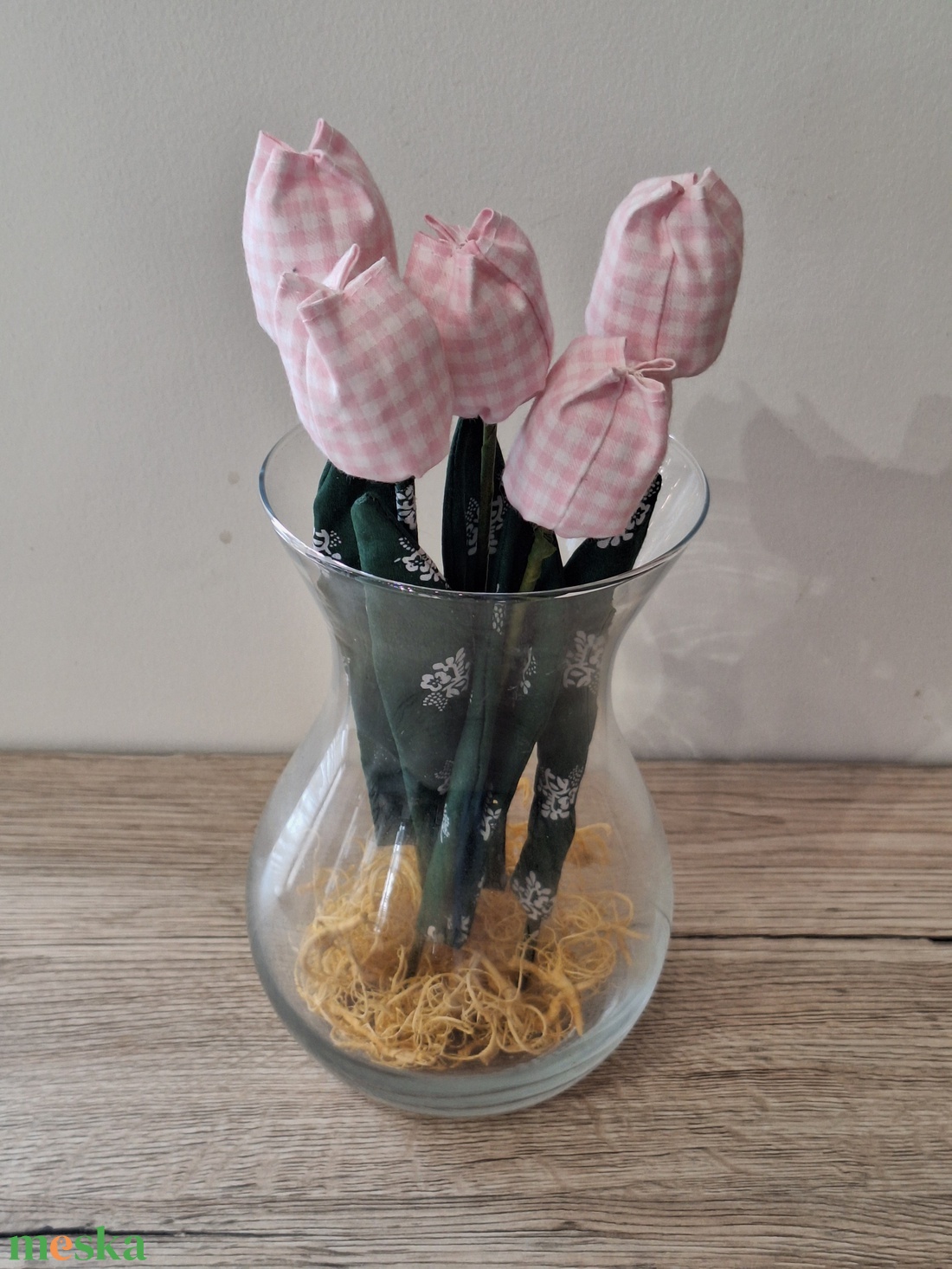 Rózsaszín kockás textil tulipán - otthon & életmód - virágdekoráció - virágok - szálas virág - Meska.hu