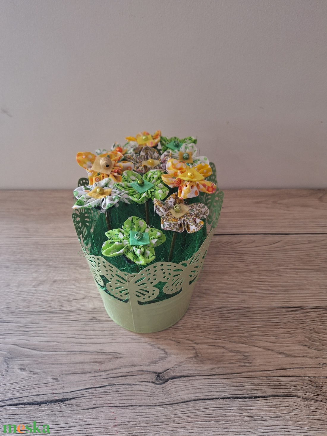 Textil virágok vödörben - otthon & életmód - dekoráció - asztal és polc dekoráció - dekorációs tál, tartó - Meska.hu