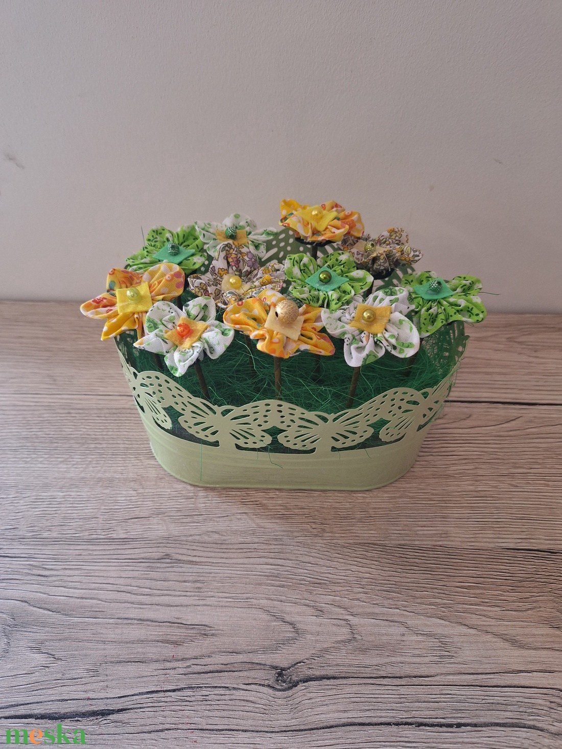 Textil virágok vödörben - otthon & életmód - dekoráció - asztal és polc dekoráció - dekorációs tál, tartó - Meska.hu