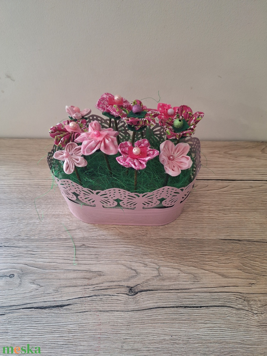Textil virágok vödörben - otthon & életmód - dekoráció - asztal és polc dekoráció - dekorációs tál, tartó - Meska.hu