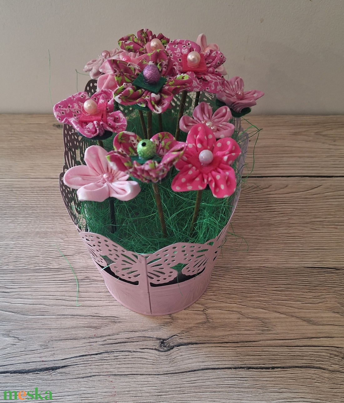Textil virágok vödörben - otthon & életmód - dekoráció - asztal és polc dekoráció - dekorációs tál, tartó - Meska.hu