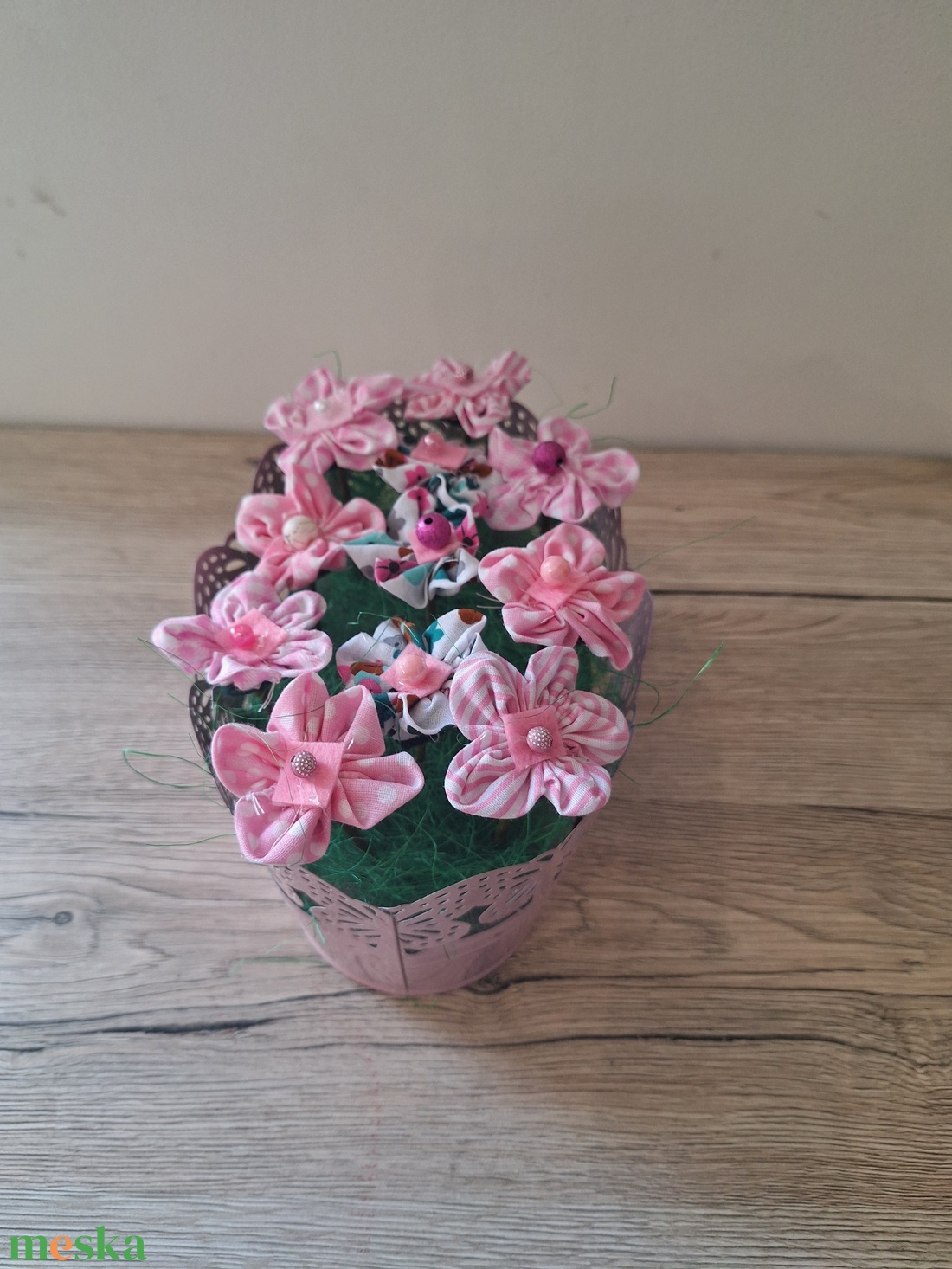 Textil virágok vödörben - otthon & életmód - dekoráció - asztal és polc dekoráció - dekorációs tál, tartó - Meska.hu