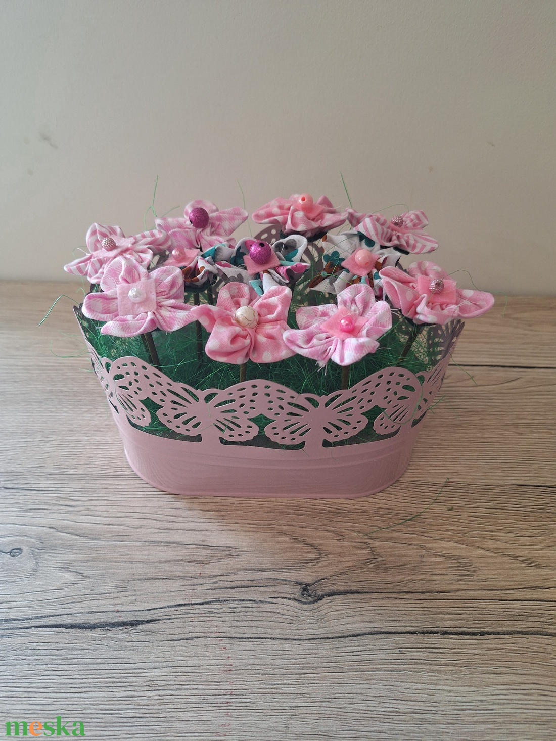 Textil virágok vödörben - otthon & életmód - dekoráció - asztal és polc dekoráció - dekorációs tál, tartó - Meska.hu