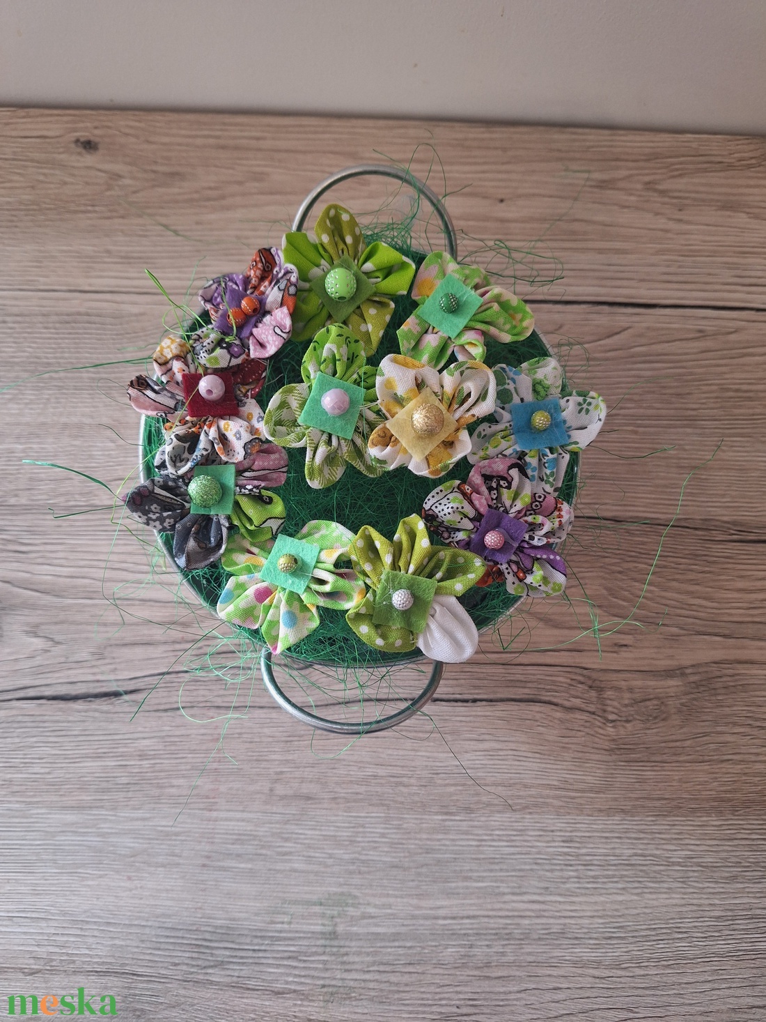 Textil virágok vödörben - otthon & életmód - dekoráció - asztal és polc dekoráció - dekorációs tál, tartó - Meska.hu