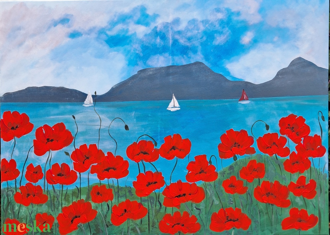 Pipacsos Balaton akril - otthon & életmód - dekoráció - kép & falikép - vászonkép - Meska.hu