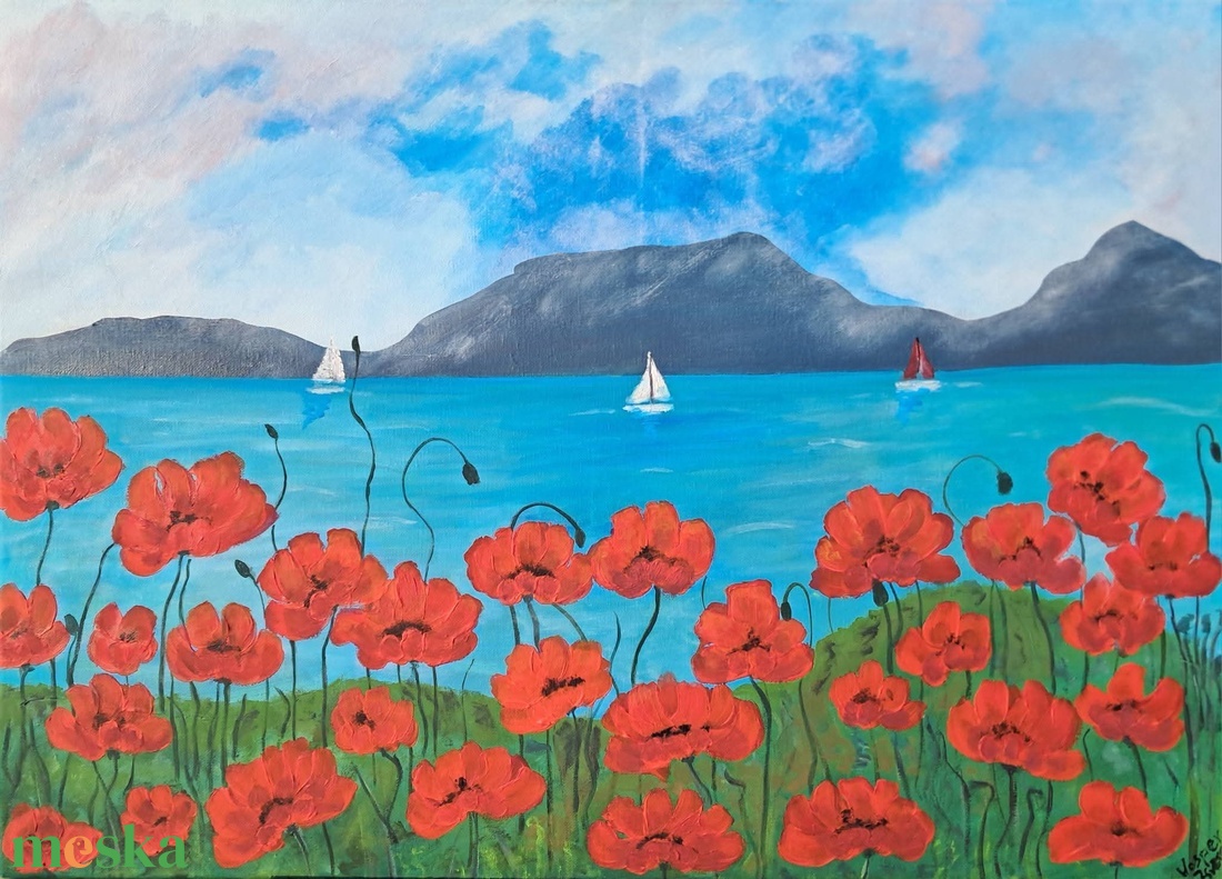 Pipacsos Balaton akril kép  - otthon & életmód - dekoráció - kép & falikép - vászonkép - Meska.hu