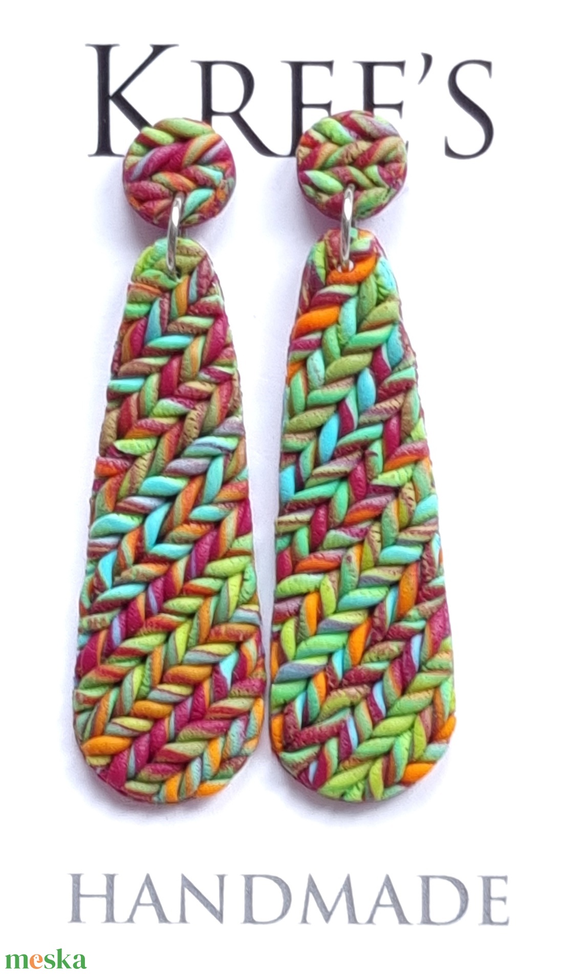 Színes, kötött mintás hosszú fülbevaló ékszergyurmából - ékszer - fülbevaló - lógó fülbevaló - Meska.hu