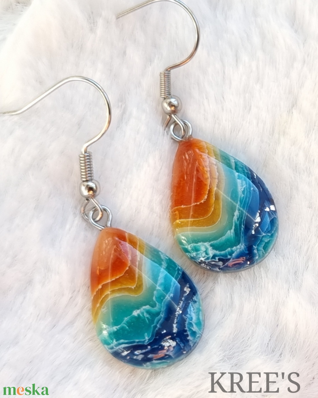 Türkiz-borostyán üveghatású csepp  fülbevaló - ékszer - fülbevaló - lógó fülbevaló - Meska.hu