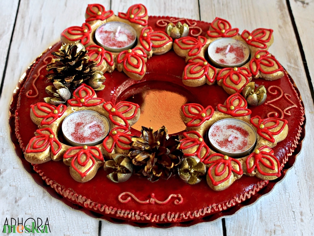 Piros mézeskalács koszorú arany díszítéssel - élelmiszer - édesség - mézeskalács - Meska.hu