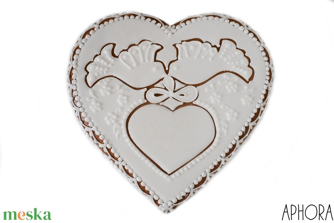 Mézeskalács szív fehér galambos, esküvőre, évfordulóra  - esküvő - emlék & ajándék - szülőköszöntő ajándék - Meska.hu
