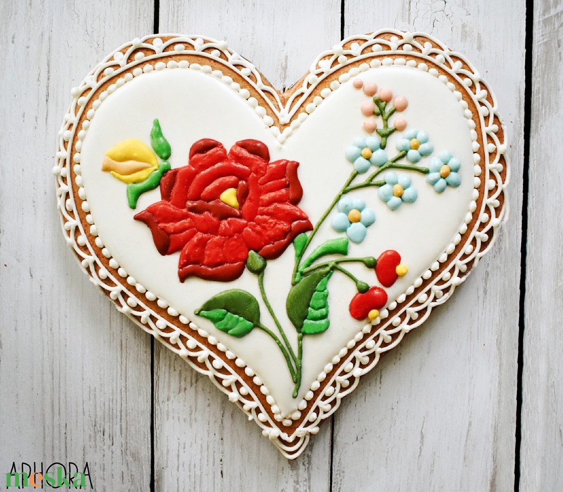 Mézeskalács szív csipkés széllel, kalocsai mintával - otthon & életmód - dekoráció - dísztárgy - Meska.hu