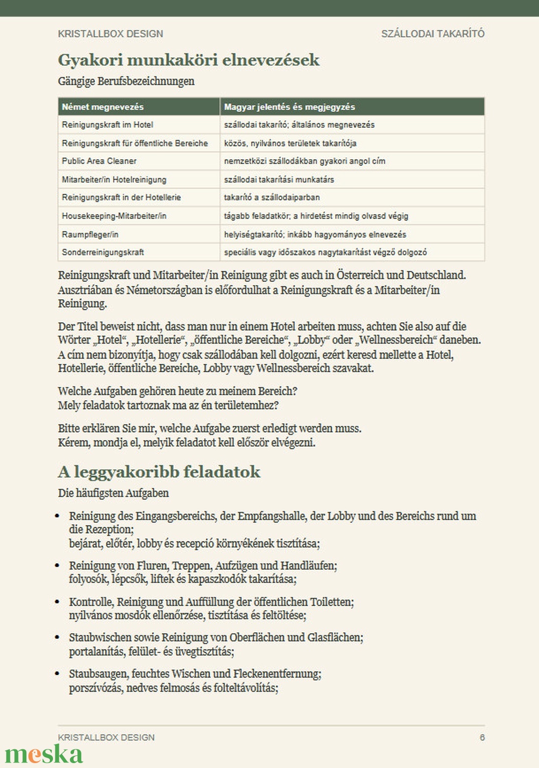 Német nyelv szállodai takarítóknak E-book Szakmai német szókincs takarítóknak Letölthető PDF - könyv & zene - könyv - Meska.hu