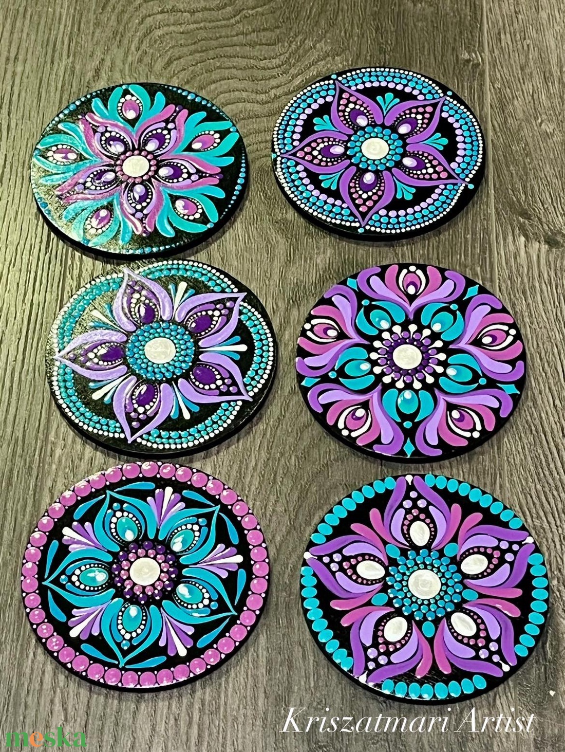 Lila harmónia  kézzel festett mandalás alátét készlet(10 cm) - otthon & életmód - konyhafelszerelés, tálalás - tálalás - tányér- és poháralátét - Meska.hu