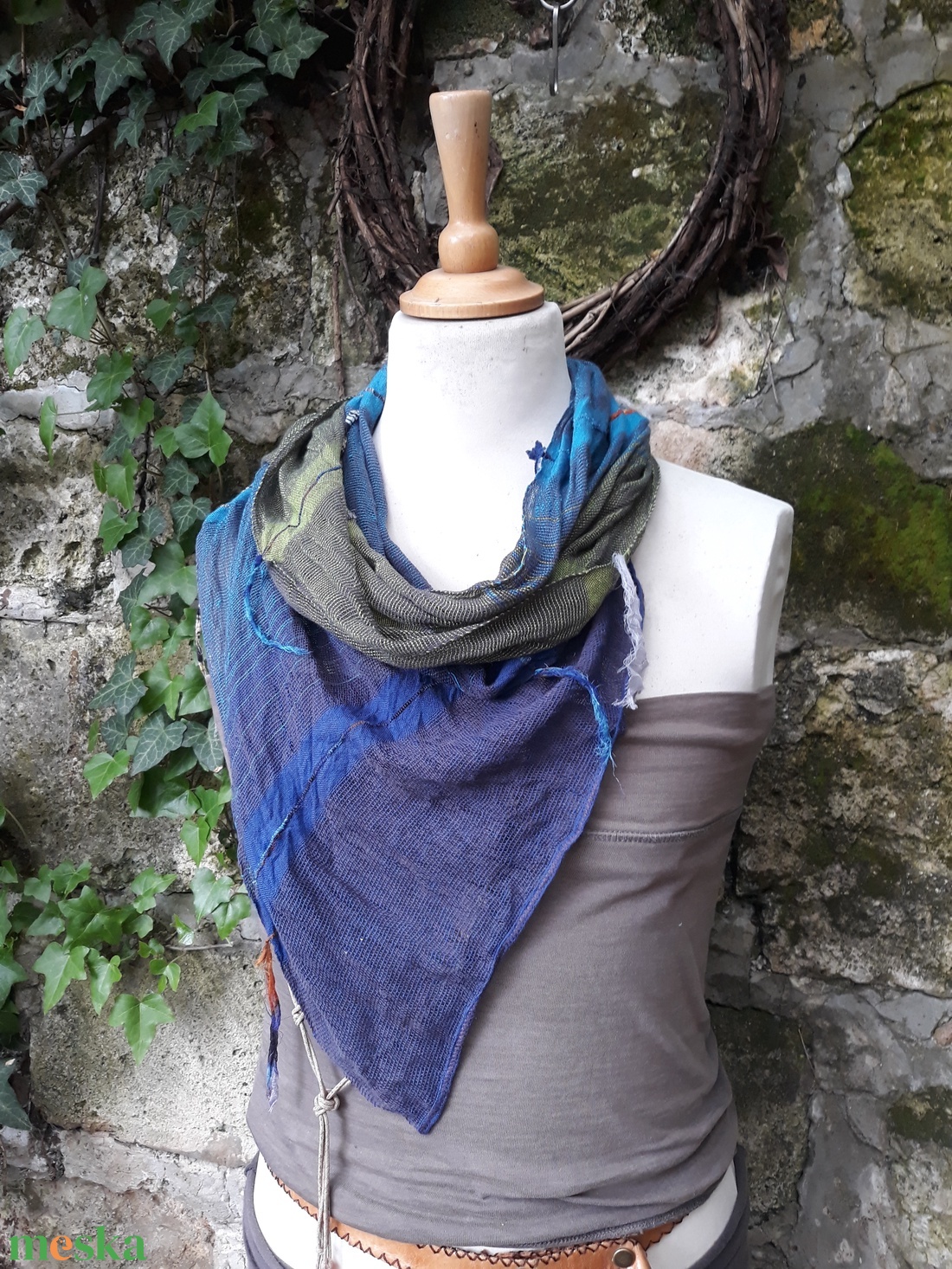 Fűzöld- középkék-ultramarin kendőcske - ruha & divat - sál, sapka, kendő - kendő - Meska.hu