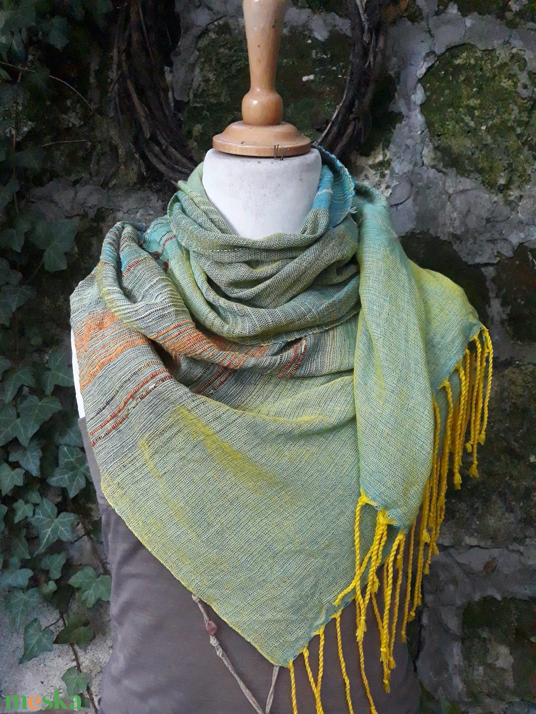 Citromzöld- vízkék pamut kendő - ruha & divat - sál, sapka, kendő - kendő - Meska.hu