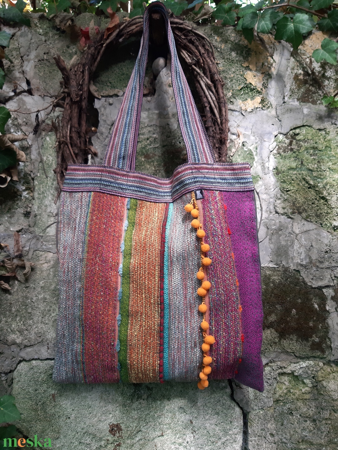 Szalagfüles pakolós vidám pomponokkal - táska & tok - bevásárlás & shopper táska - shopper, textiltáska, szatyor - Meska.hu