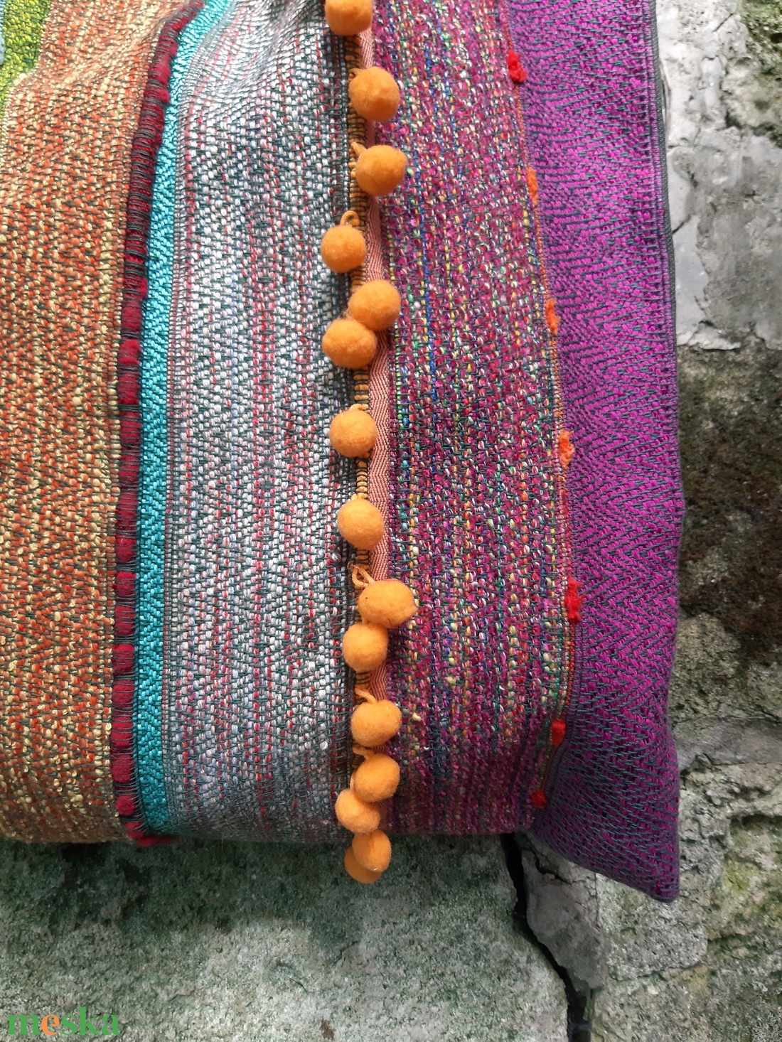 Szalagfüles pakolós vidám pomponokkal - táska & tok - bevásárlás & shopper táska - shopper, textiltáska, szatyor - Meska.hu