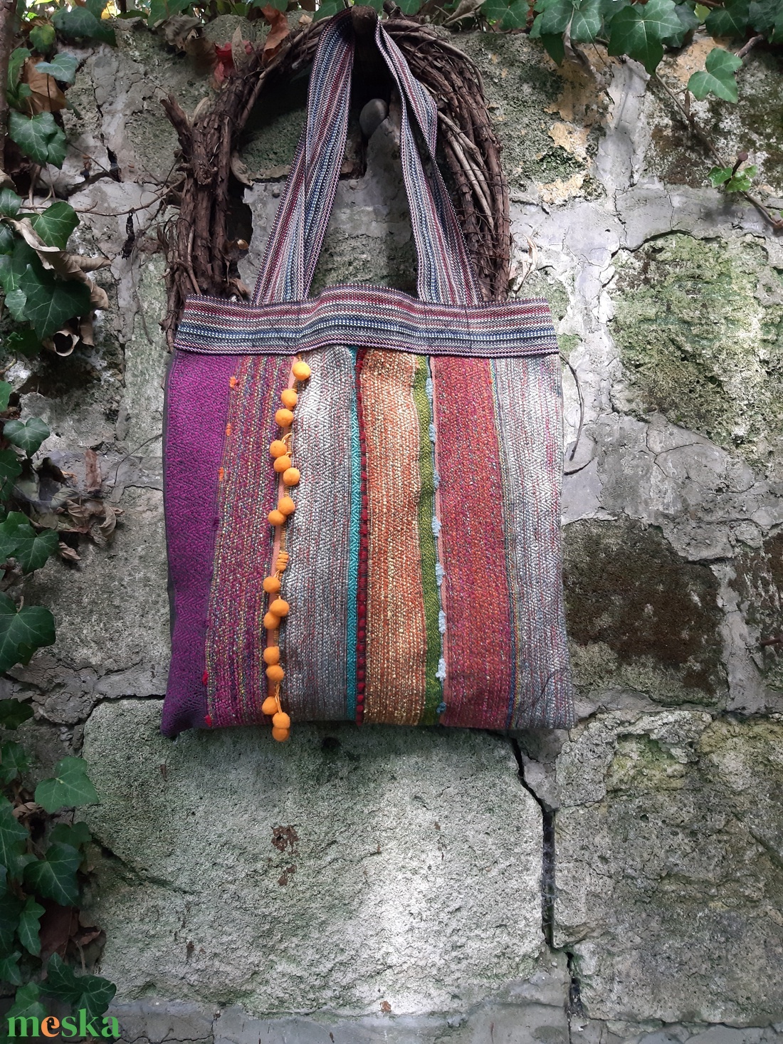 Szalagfüles pakolós vidám pomponokkal - táska & tok - bevásárlás & shopper táska - shopper, textiltáska, szatyor - Meska.hu