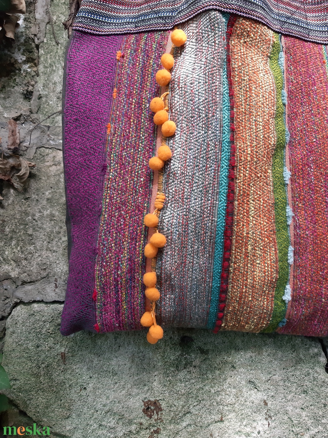 Szalagfüles pakolós vidám pomponokkal - táska & tok - bevásárlás & shopper táska - shopper, textiltáska, szatyor - Meska.hu