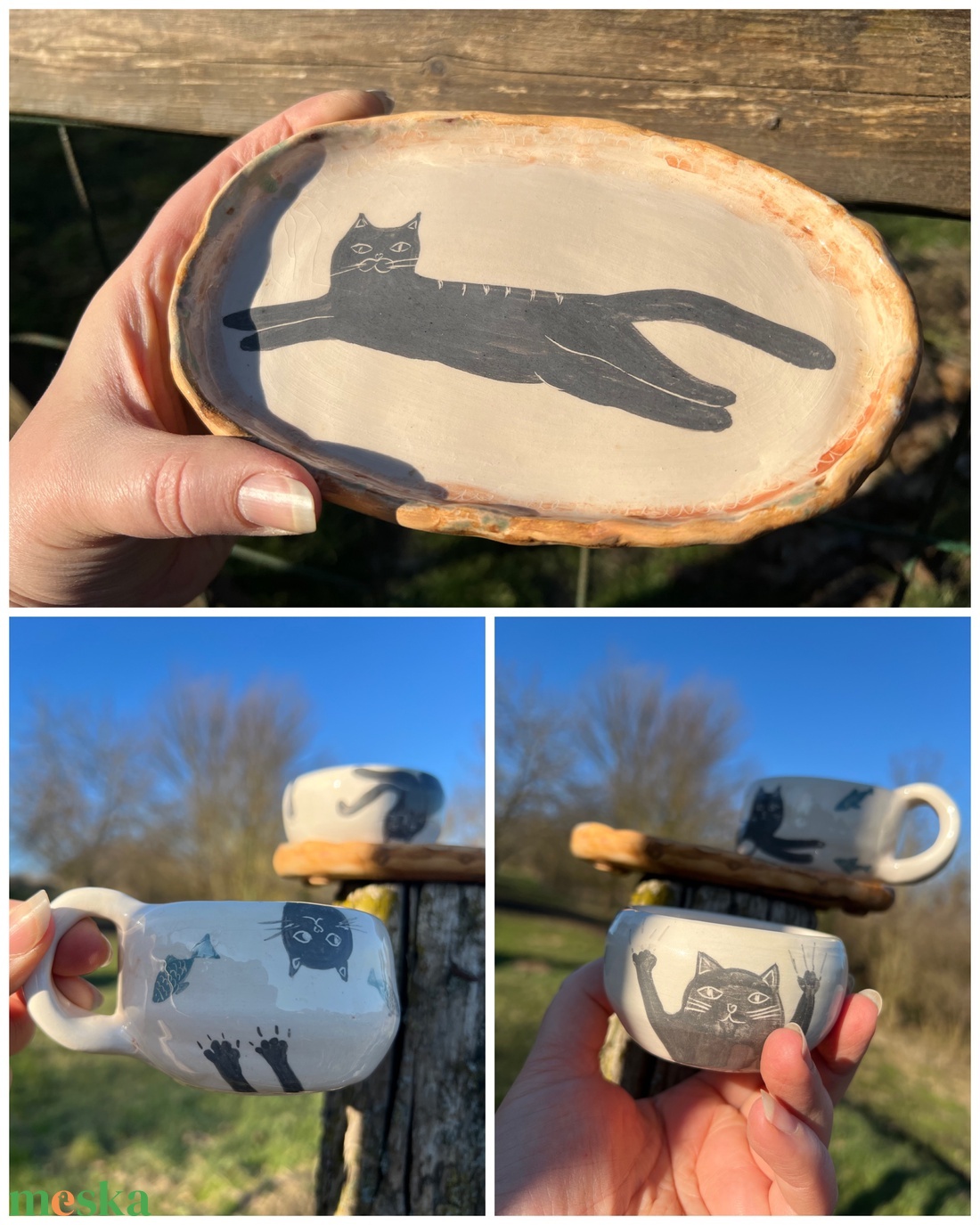 Cicás kerámia szett � nyújtózó macskával és meghitt, játékos pillanatokkal - otthon & életmód - konyhafelszerelés, tálalás - tálalás - teás- és kávés pohár, készlet - Meska.hu