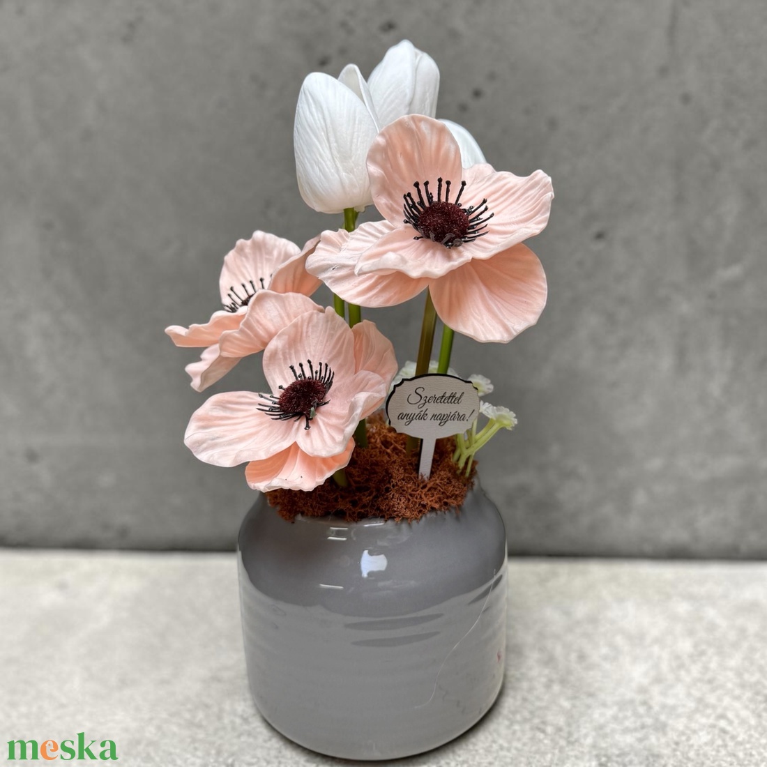  Pipacsos�tulipános asztaldísz � elegáns, szürke kaspóban  - otthon & életmód - dekoráció - asztal és polc dekoráció - asztaldísz - Meska.hu