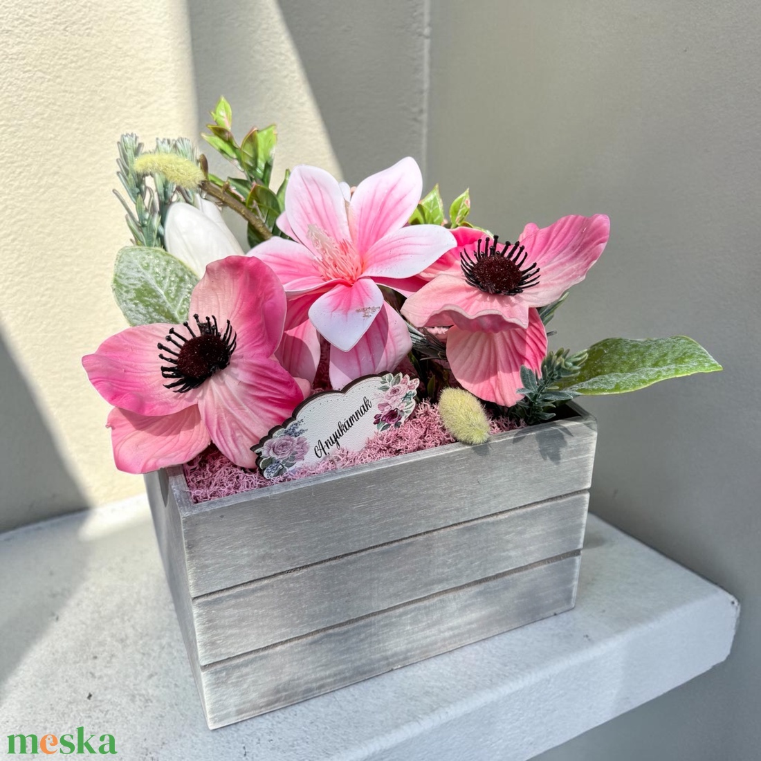  Virágbox pipaccsal és magnóliával � Anyák napi ajándék  - otthon & életmód - dekoráció - asztal és polc dekoráció - asztaldísz - Meska.hu