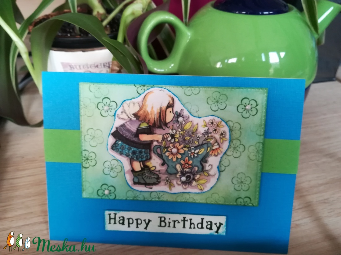 Kislány virágcsokorral - Happy Birthday 1 db képeslap - otthon & életmód - papír, írószer - Meska.hu