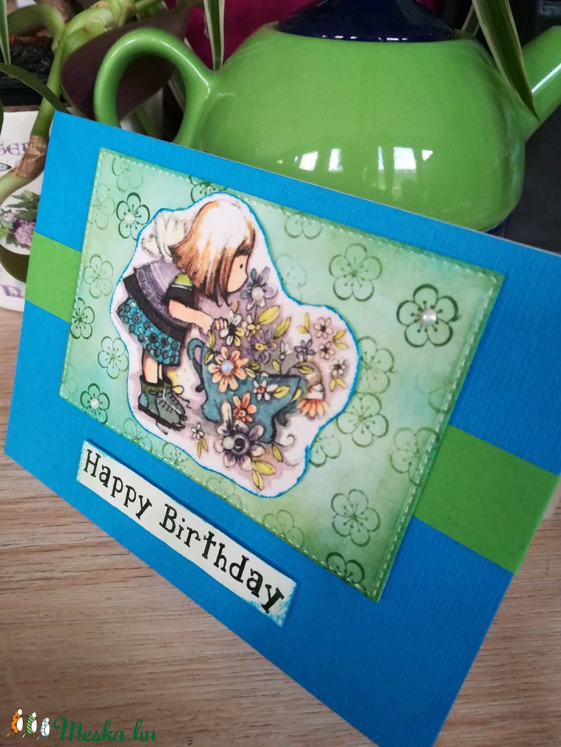 Kislány virágcsokorral - Happy Birthday 1 db képeslap - otthon & életmód - papír, írószer - Meska.hu