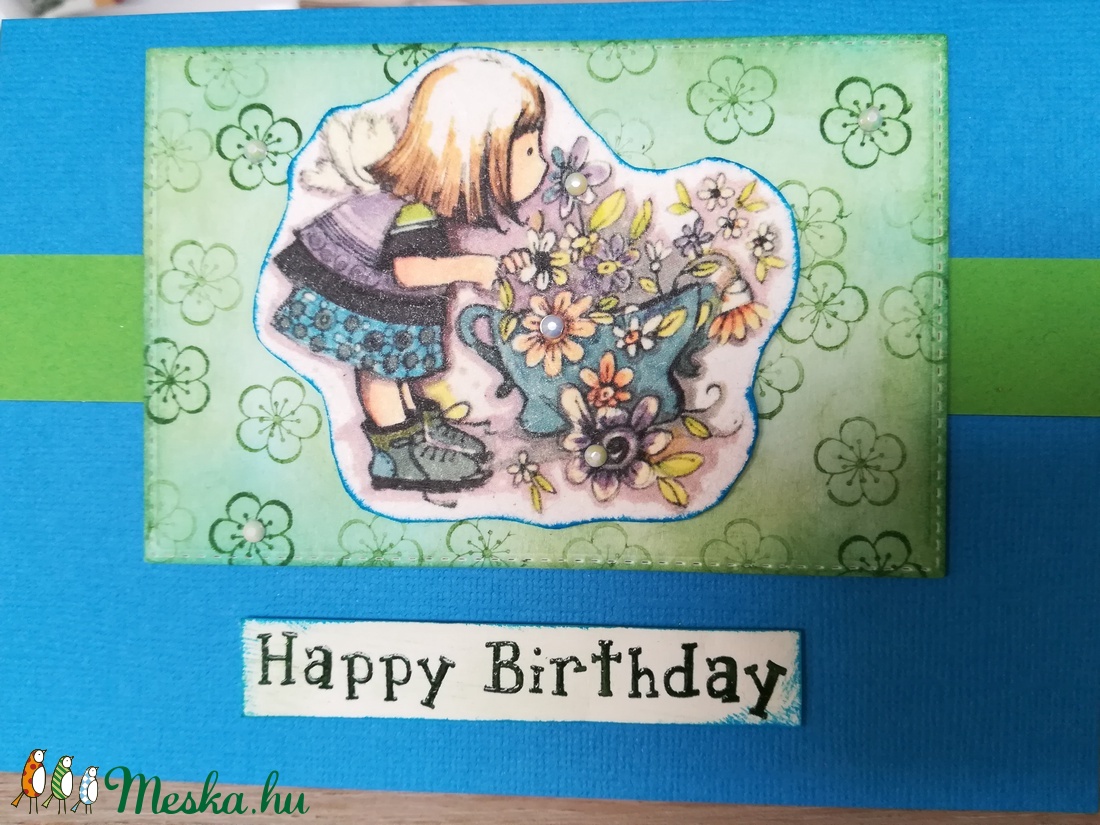 Kislány virágcsokorral - Happy Birthday 1 db képeslap - otthon & életmód - papír, írószer - Meska.hu