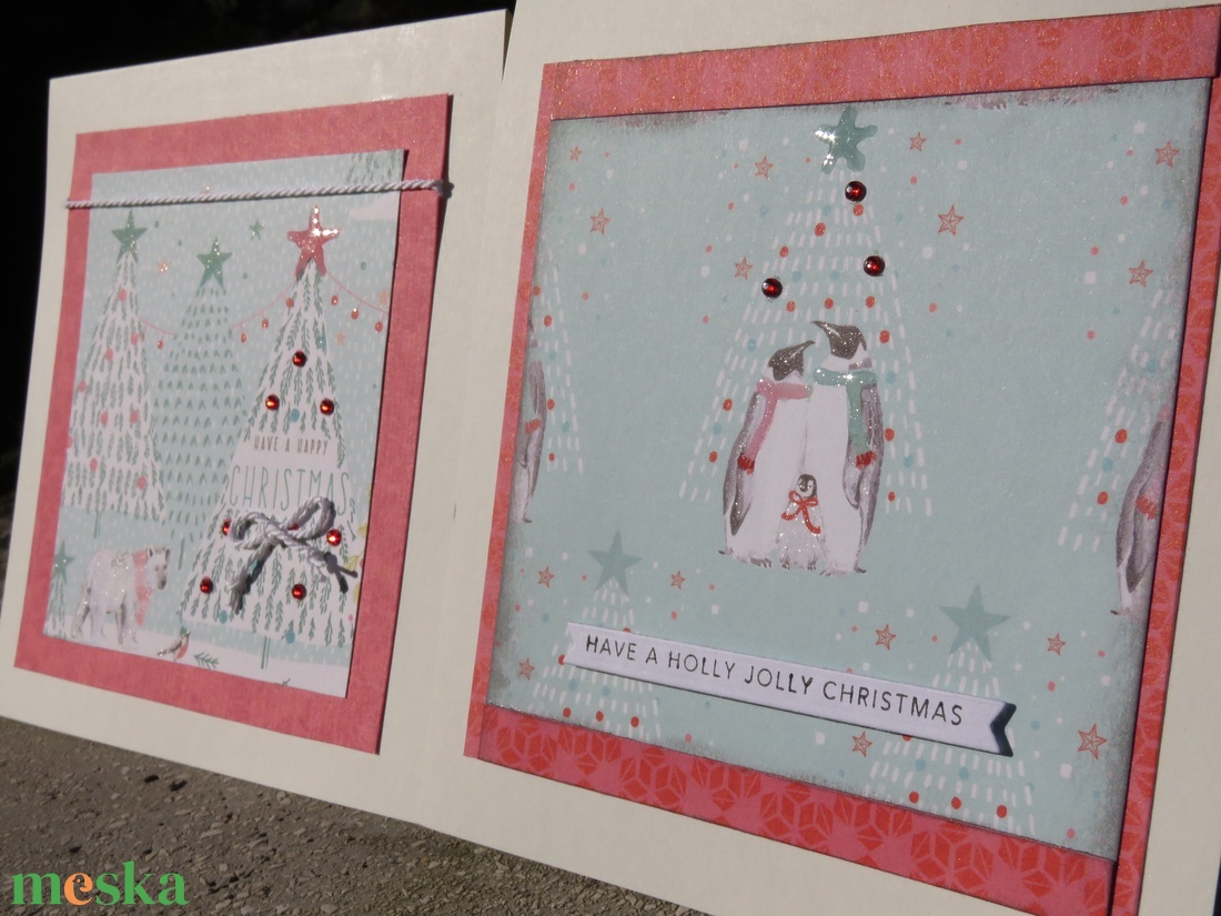 Pingvin család + jegesmedve - 2 db képeslap - karácsony - karácsonyi ajándékozás - karácsonyi képeslap, üdvözlőlap, ajándékkísérő - Meska.hu