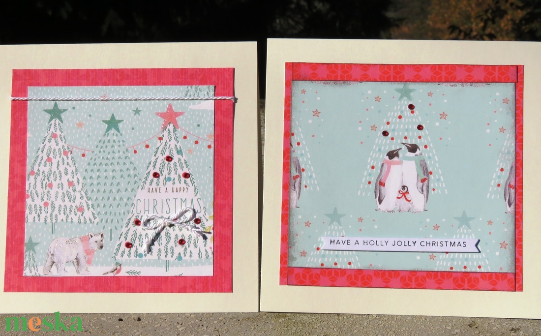 Pingvin család + jegesmedve - 2 db képeslap - karácsony - karácsonyi ajándékozás - karácsonyi képeslap, üdvözlőlap, ajándékkísérő - Meska.hu