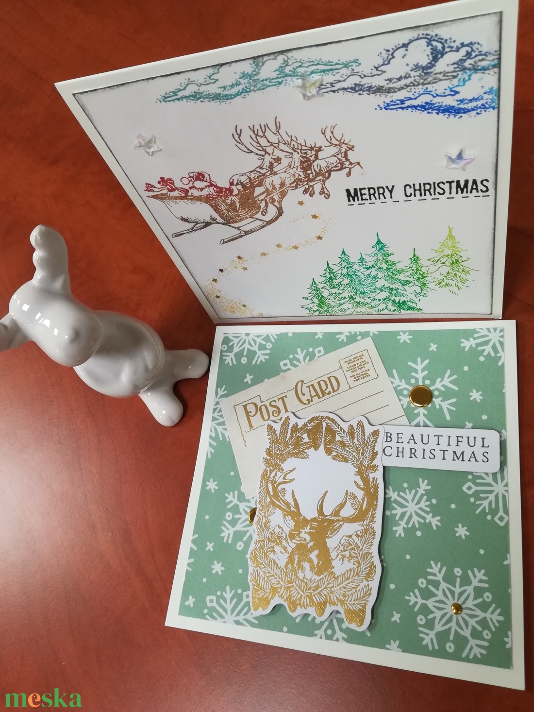 MIKULÁS SZÁN + ARANY SZARVAS - 2 db képeslap - karácsony - karácsonyi ajándékozás - karácsonyi képeslap, üdvözlőlap, ajándékkísérő - Meska.hu