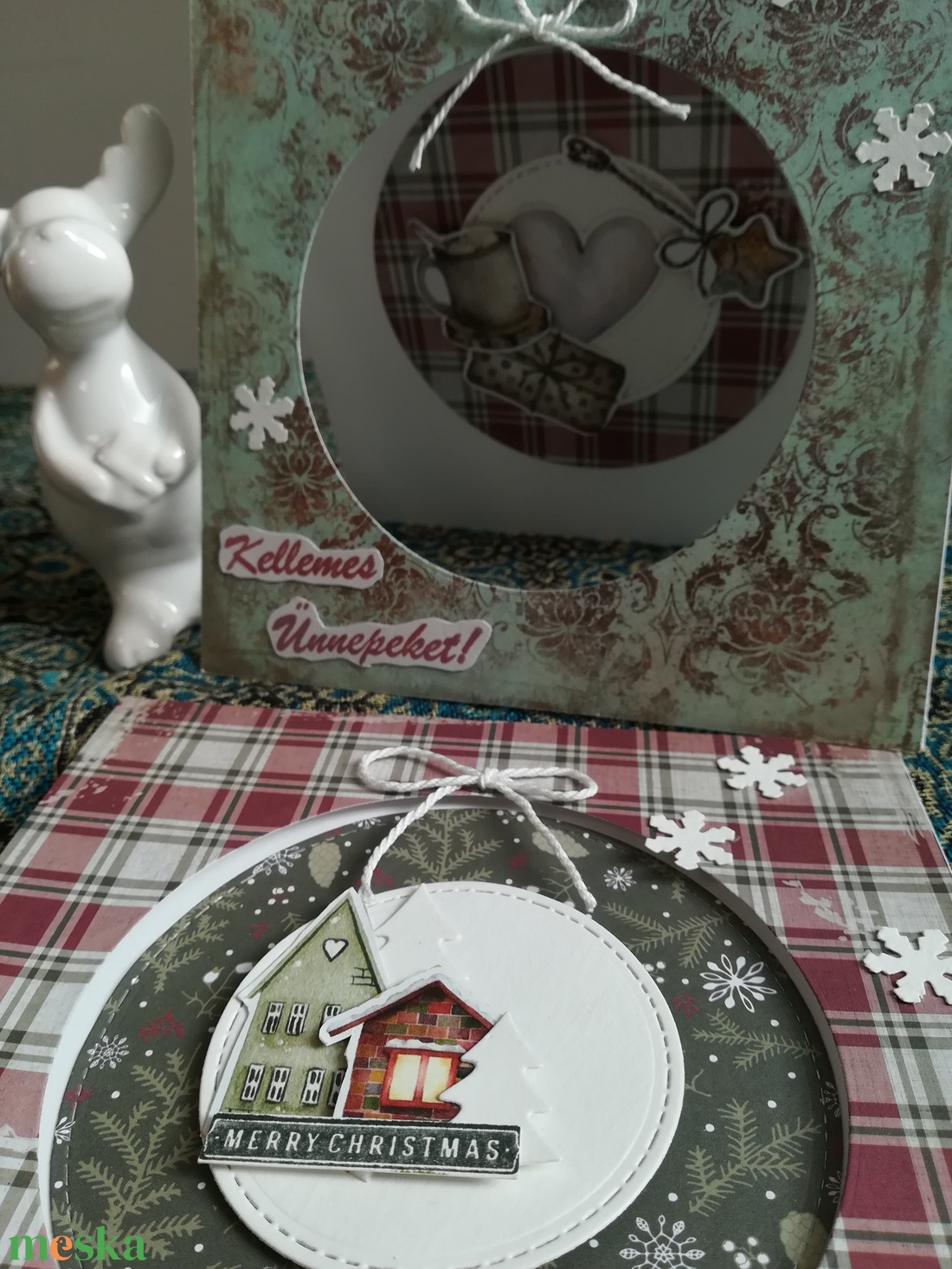 KOCKÁS PAPÍROS képeslapok, 2 DB - karácsony - karácsonyi ajándékozás - karácsonyi képeslap, üdvözlőlap, ajándékkísérő - Meska.hu