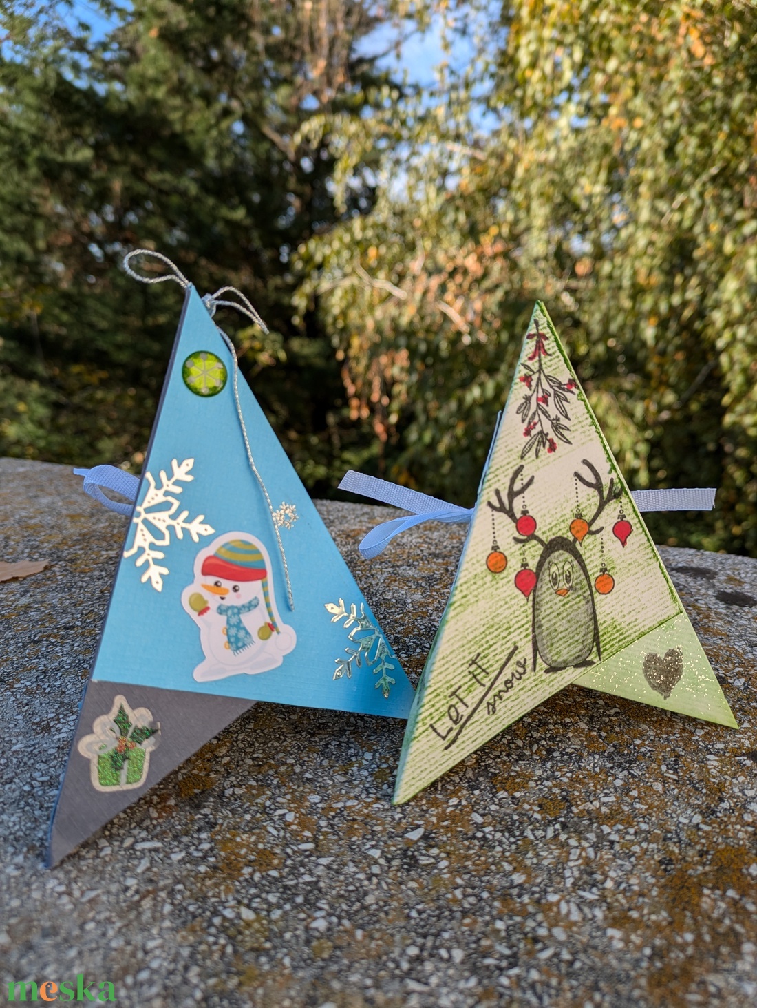 Kék és zöld 3D asztaldísz és képeslap - karácsony - karácsonyi ajándékozás - karácsonyi képeslap, üdvözlőlap, ajándékkísérő - Meska.hu