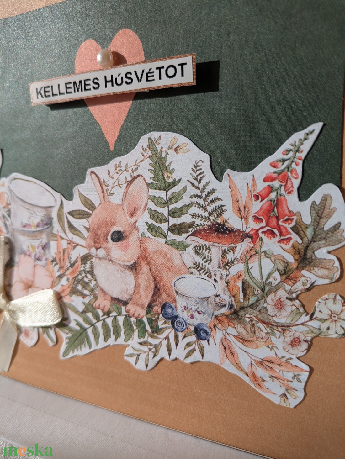 Bögrés nyuszi masnival - képeslap 1 db - otthon & életmód - papír, írószer - ajándékozás kellékei - képeslap, üdvözlőlap - Meska.hu
