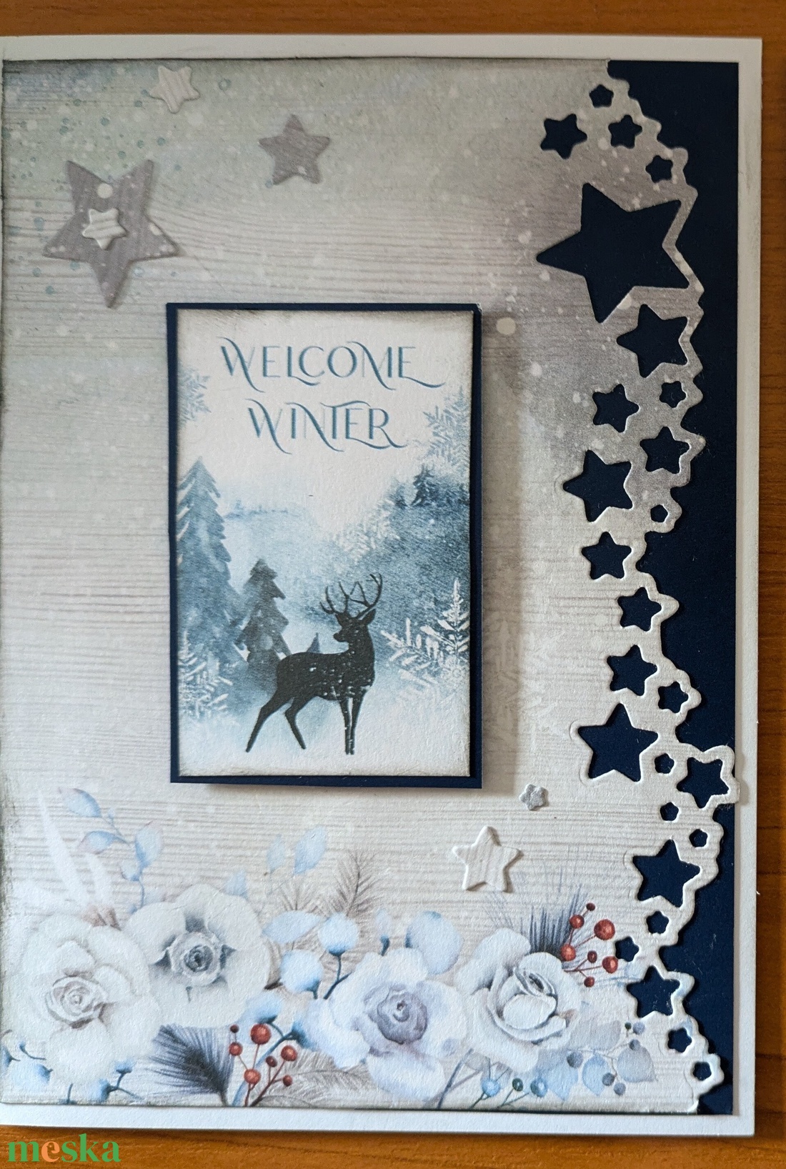 Szarvas, csillagok téli táj - 1 db képeslap - karácsony - karácsonyi ajándékozás - karácsonyi képeslap, üdvözlőlap, ajándékkísérő - Meska.hu