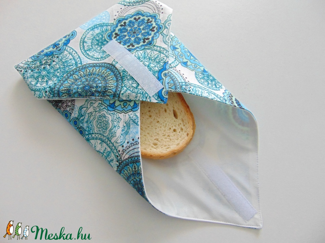 Újraszalvéta- türkizkék mandala mintás/ szendvics csomagoló, nowaste, textil szalvéta - táska & tok - uzsonna- & ebéd tartó - szendvics csomagoló - Meska.hu