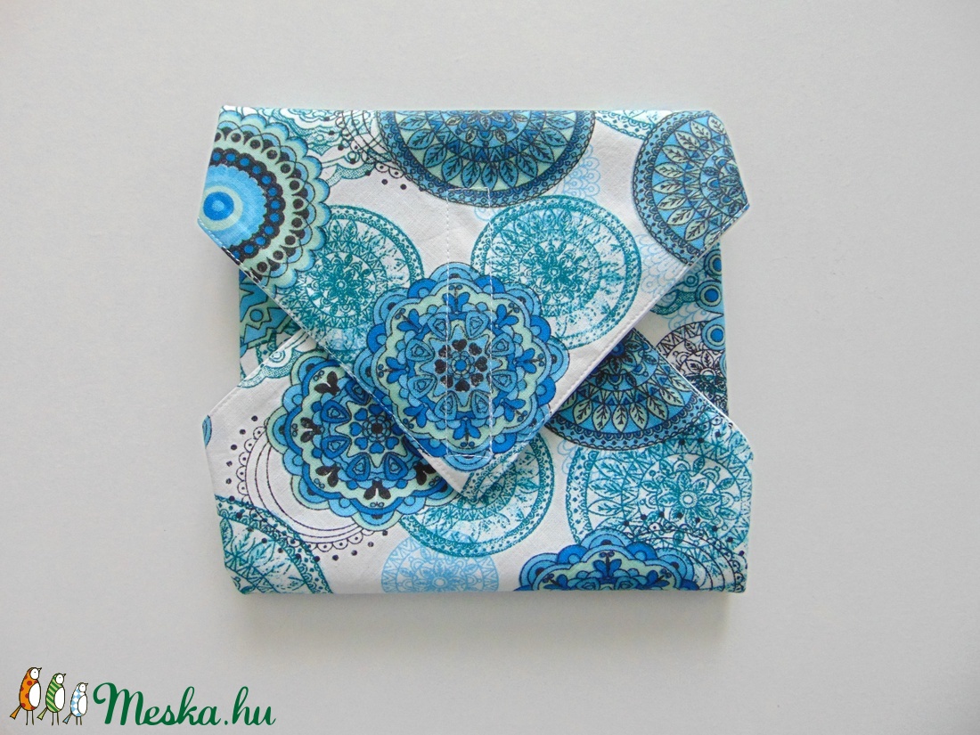 Újraszalvéta- türkizkék mandala mintás/ szendvics csomagoló, nowaste, textil szalvéta - táska & tok - uzsonna- & ebéd tartó - szendvics csomagoló - Meska.hu