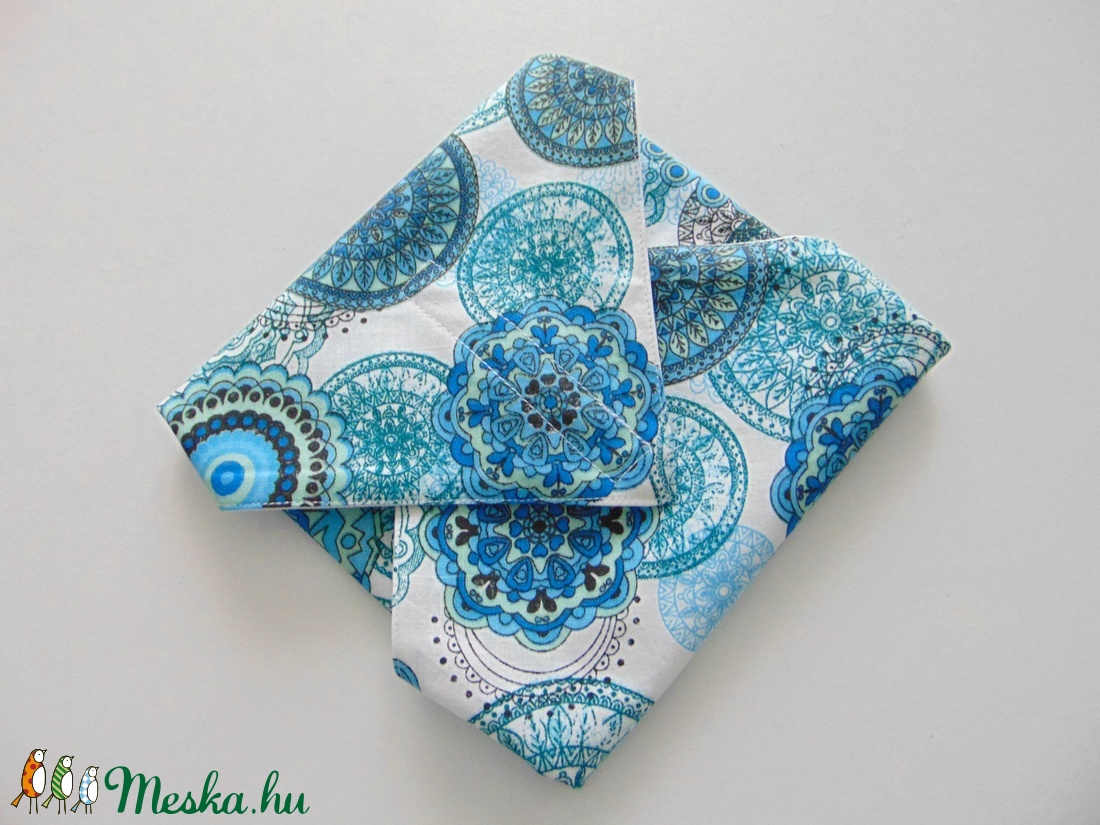 Újraszalvéta- türkizkék mandala mintás/ szendvics csomagoló, nowaste, textil szalvéta - táska & tok - uzsonna- & ebéd tartó - szendvics csomagoló - Meska.hu
