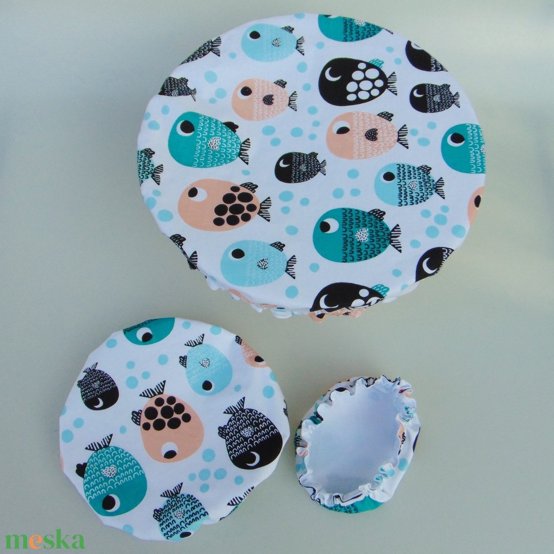 Mosható textil edényfedő szett (3 db/ cs) / Halacskák - otthon & életmód - konyhafelszerelés, tálalás - konyhai textil - edényfogó & edényfedő - Meska.hu