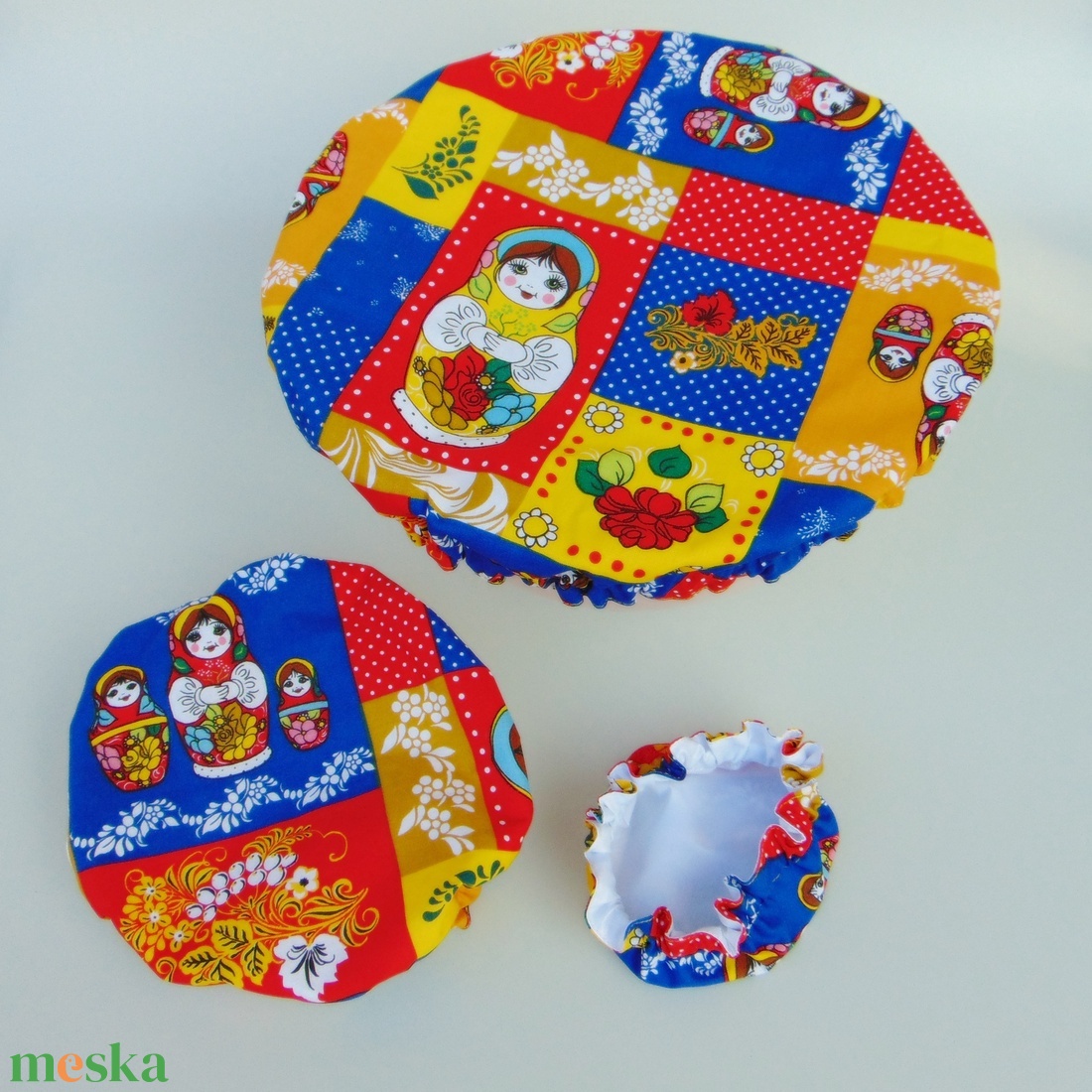 Mosható textil edényfedő szett (3 db/ cs) Matrjoska baba mintás - otthon & életmód - konyhafelszerelés, tálalás - konyhai textil - edényfogó & edényfedő - Meska.hu