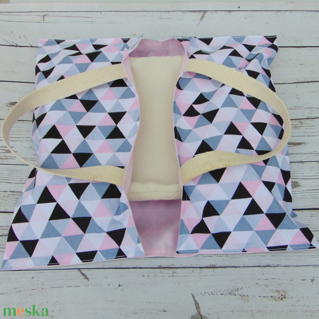 Ételhordó táska / szürke - rózsaszín háromszögek - táska & tok - uzsonna- & ebéd tartó - ebéd tasak, doboz - Meska.hu