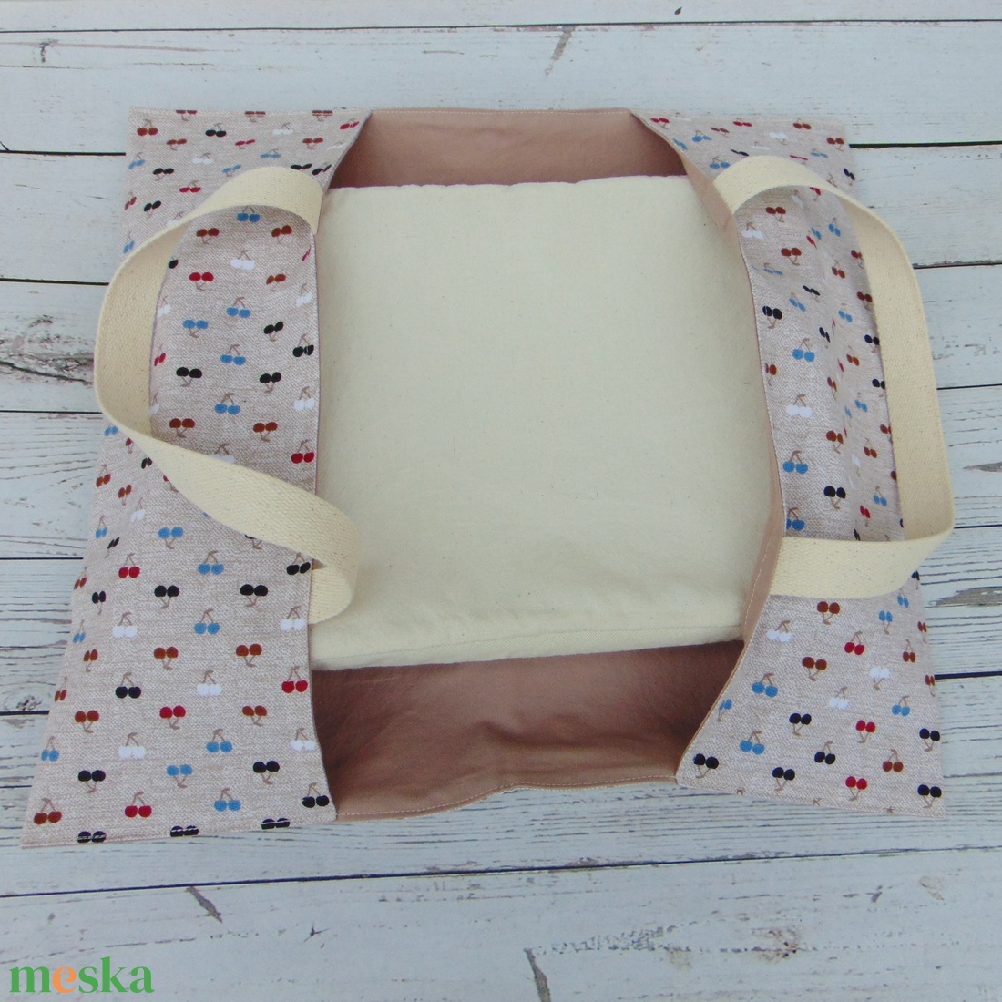 Ételhordó táska / bézs - cseresznye mintás - táska & tok - uzsonna- & ebéd tartó - ebéd tasak, doboz - Meska.hu