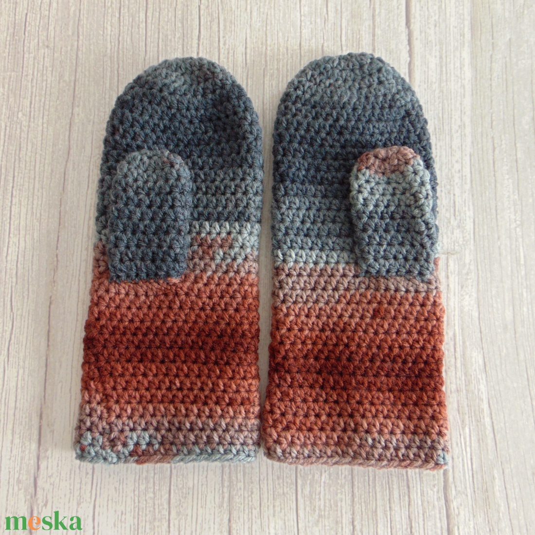 Terrakotta - szürke horgolt egyujjas kesztyű (S-M) / Puha, meleg egyujjas kesztyű, horgolt kesztyű - ruha & divat - sál, sapka, kendő - kesztyű - Meska.hu