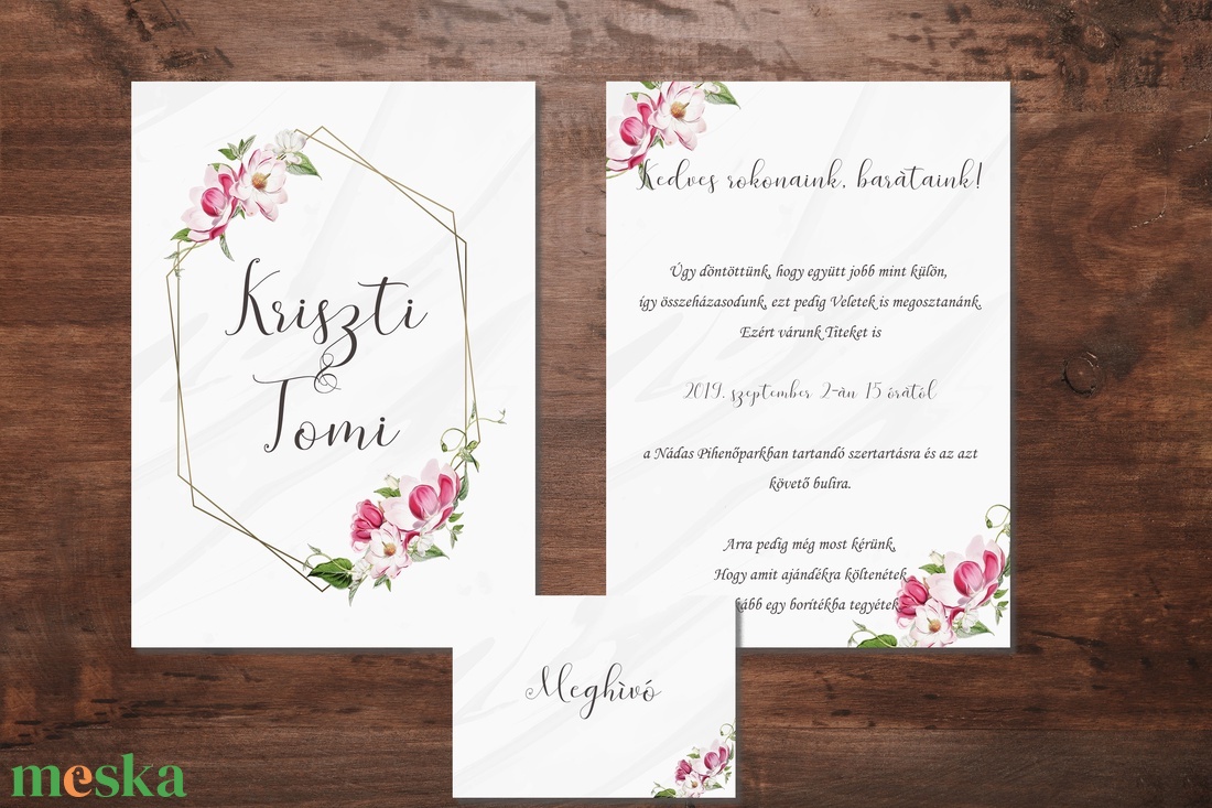 Geometrikus, rózsaszín virágos esküvői meghívó szett - esküvő - meghívó & kártya - meghívó - Meska.hu