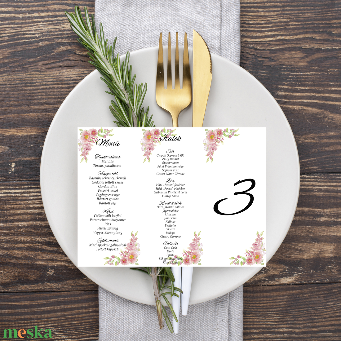 Barack virágos, álló, háromszög menükártya, szalaggal kötve - esküvő - meghívó & kártya - menü - Meska.hu