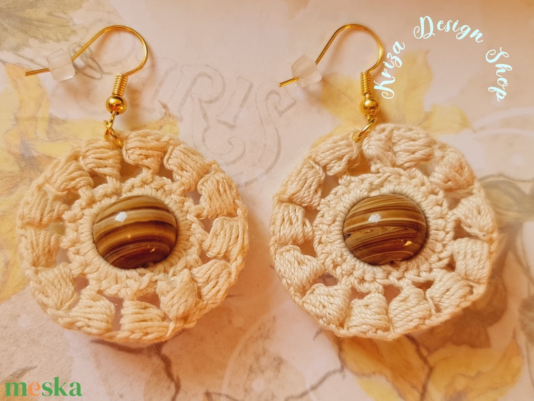 Kézműves horgolt csipke fülbevaló jáspissal - Linda - ékszer - fülbevaló - lógó fülbevaló - Meska.hu