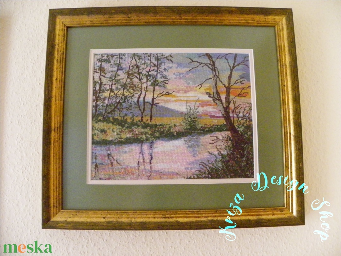 Kézzel hímzett tűgobelin kép - Naplemente tájkép - művészet - textilkép - gobelin - Meska.hu